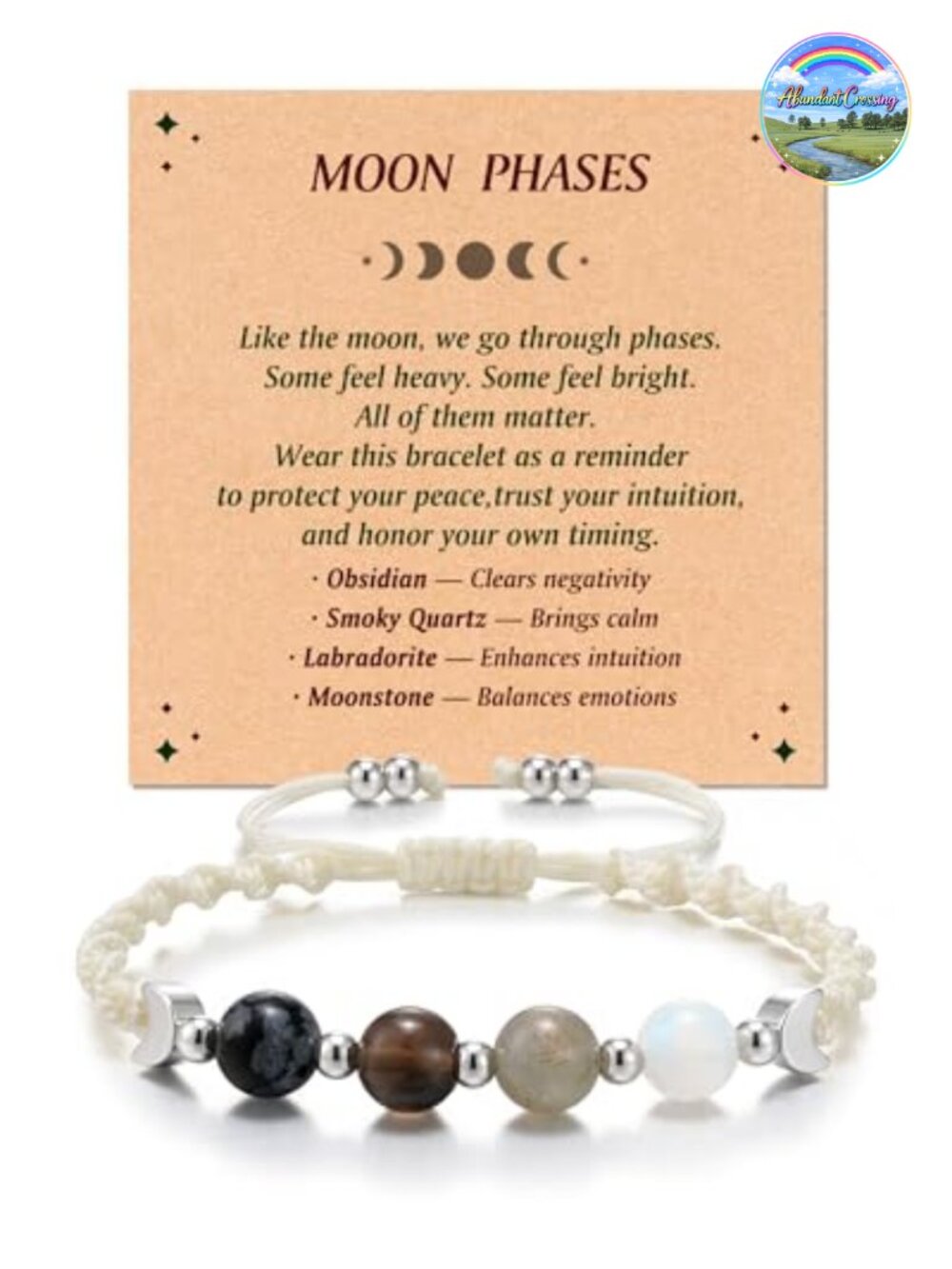 Natural Stone Beaded Moon Phase Bracelet with Sliding Knot